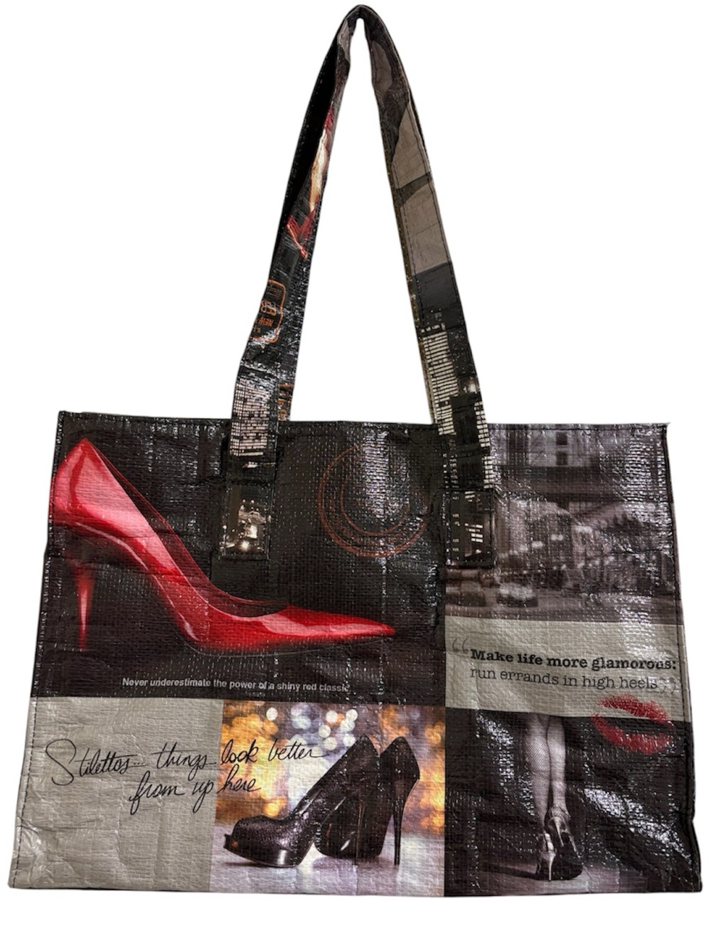 Textured shiny vinyl high heel themed shopper tote - Picture 2 of 12